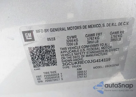 2018 Chevrolet Silverado 1500 2Lt z USA, uszkodzony, nr VIN 3GCUKREC0JG414119